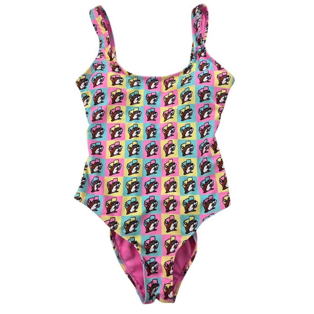 NEW Buc-ee's Womens Small One Piece Swimsuit Checkered Beaver Logo Pink Blue NWT